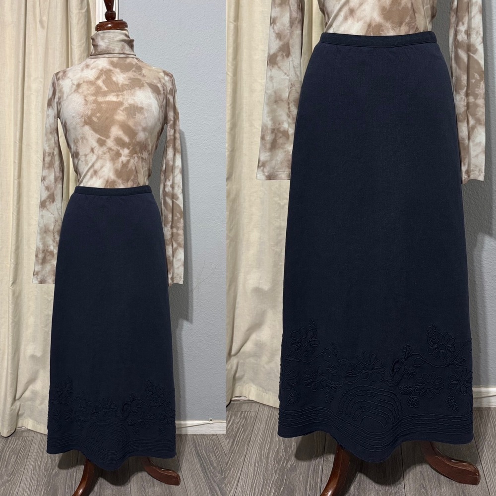 Vintage Carole Little Navy Blue Linen Blend Embroidered Hem Maxi Skirt Size 6